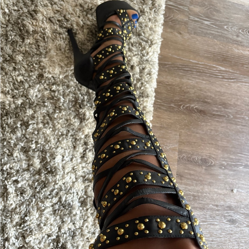 Black and Gold Studded Women's High Heels
